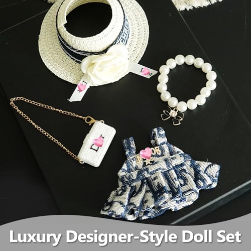 17cm Doll Clothes Set with Hat Pearl Necklace Bag Accessories Blue L840486