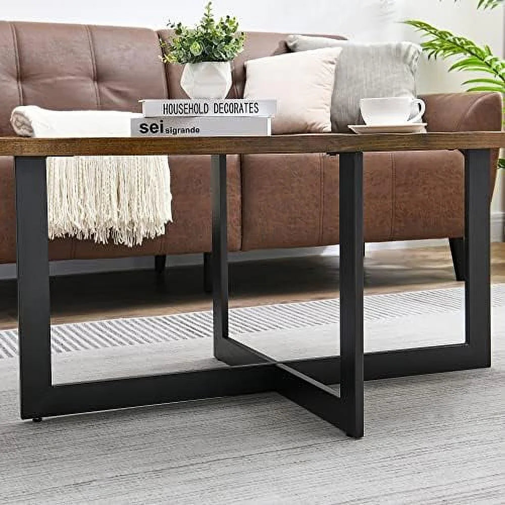 Round Solid Wood Coffee Table with Metal Legs T384
