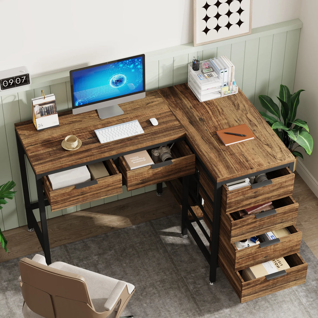 L-Shaped Desk with 6 Drawers, 47 in. Computer Corner Desk O79188