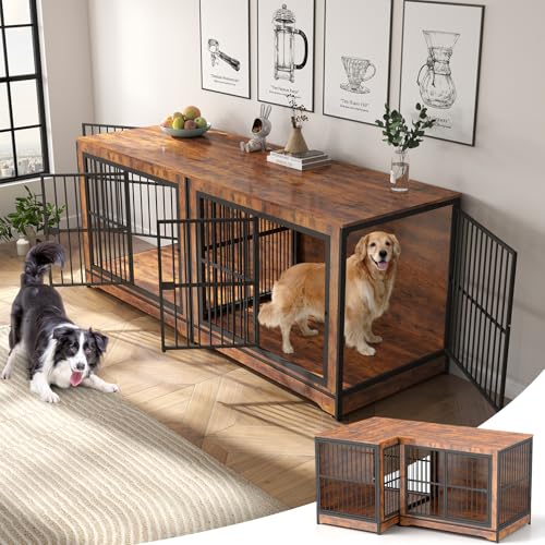 86 Inch Double Dog Crate Furniture with Removable Divider & Trays U170