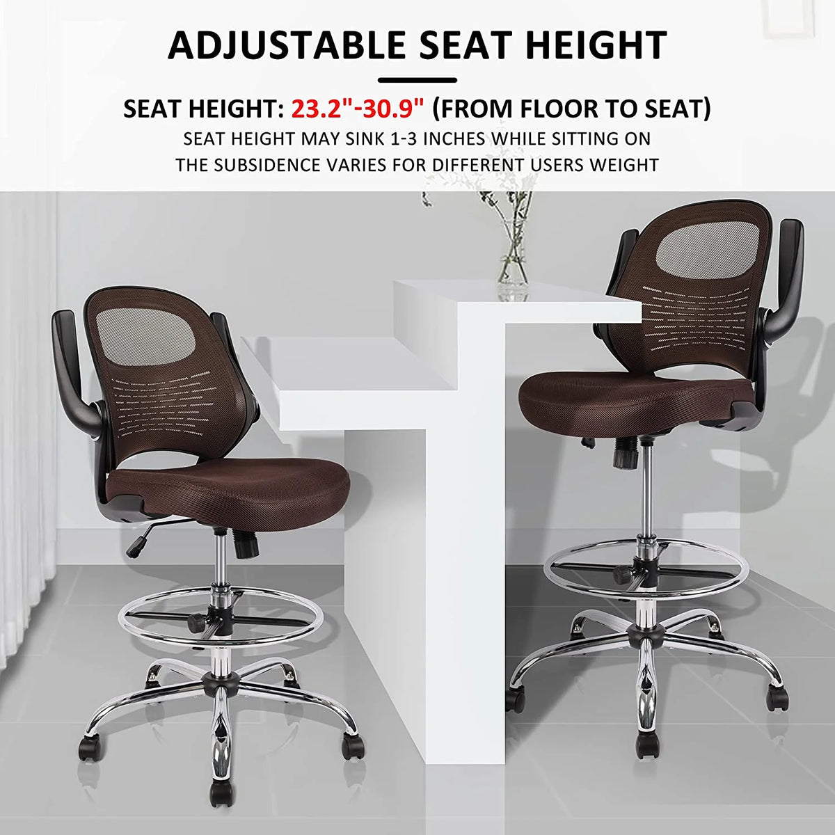 Brown Mesh Drafting Chair with Flip-Up Arms J741643