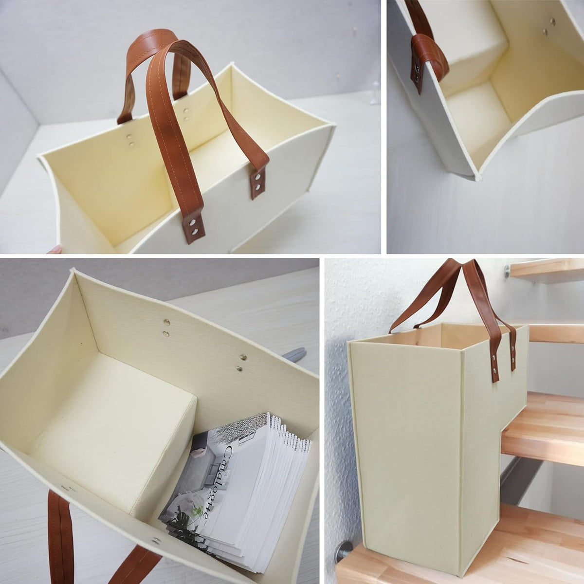 Stair Basket with Leather Handles, 4mm Felt Stair Step Storage Organizer J795