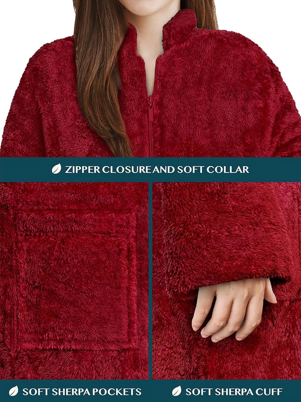 Wine Red Sherpa Fleece Zip Robe with Pockets K131432