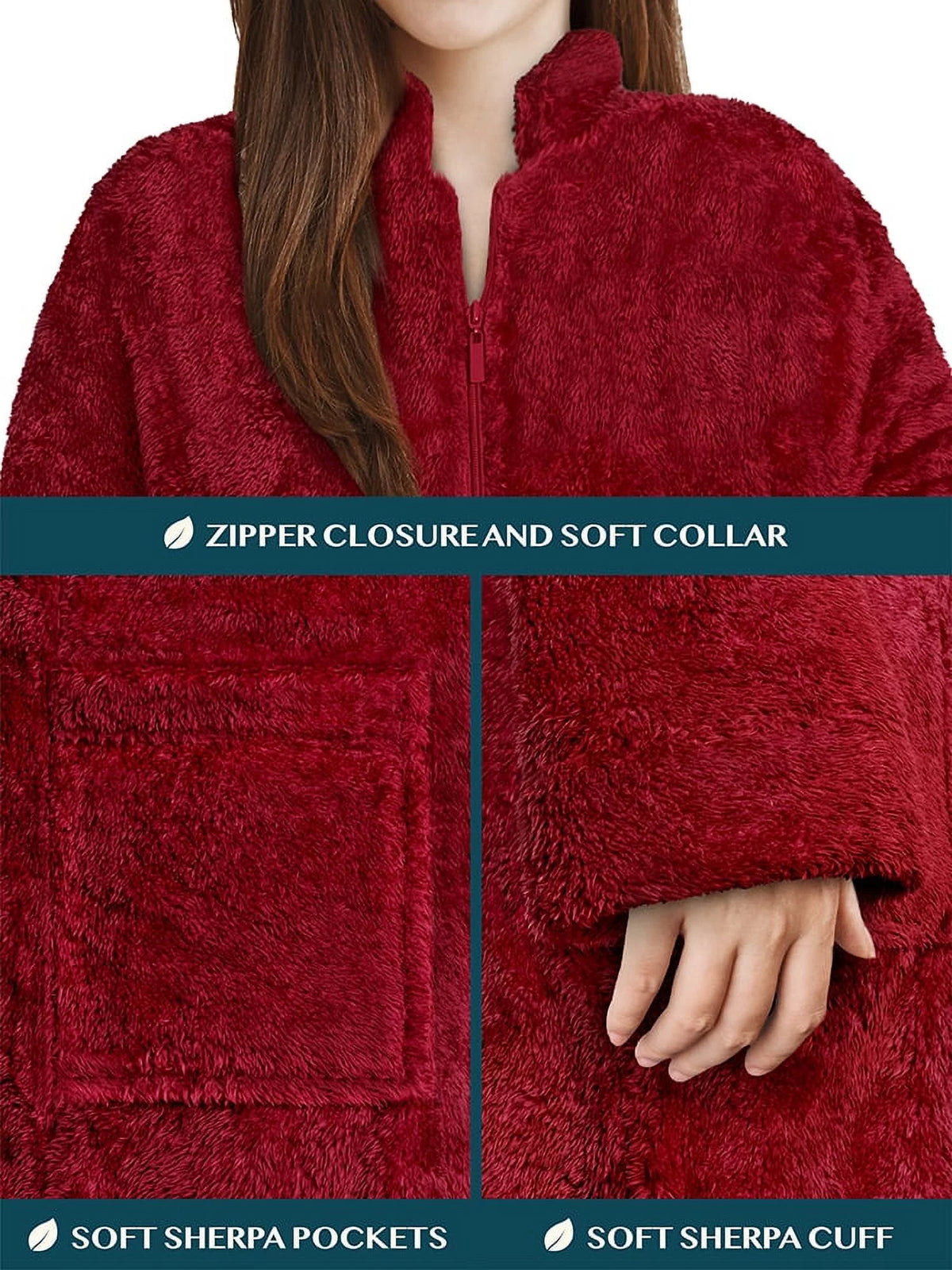 Wine Red Sherpa Fleece Zip Robe with Pockets K131432