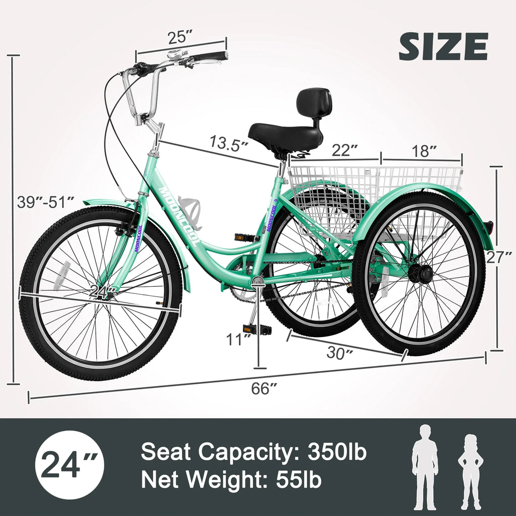 Adult Tricycles Single Speed 24 inch Three Wheel Bike Cruiser Trike with Low-Step Through Frame Large Basket G87790