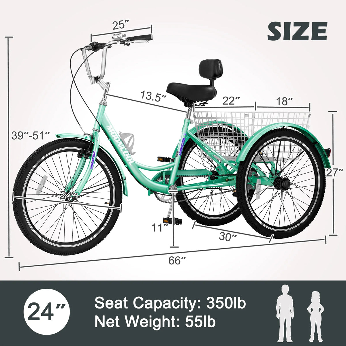 Adult Tricycles Single Speed 24 inch Three Wheel Bike Cruiser Trike with Low-Step Through Frame Large Basket G87790
