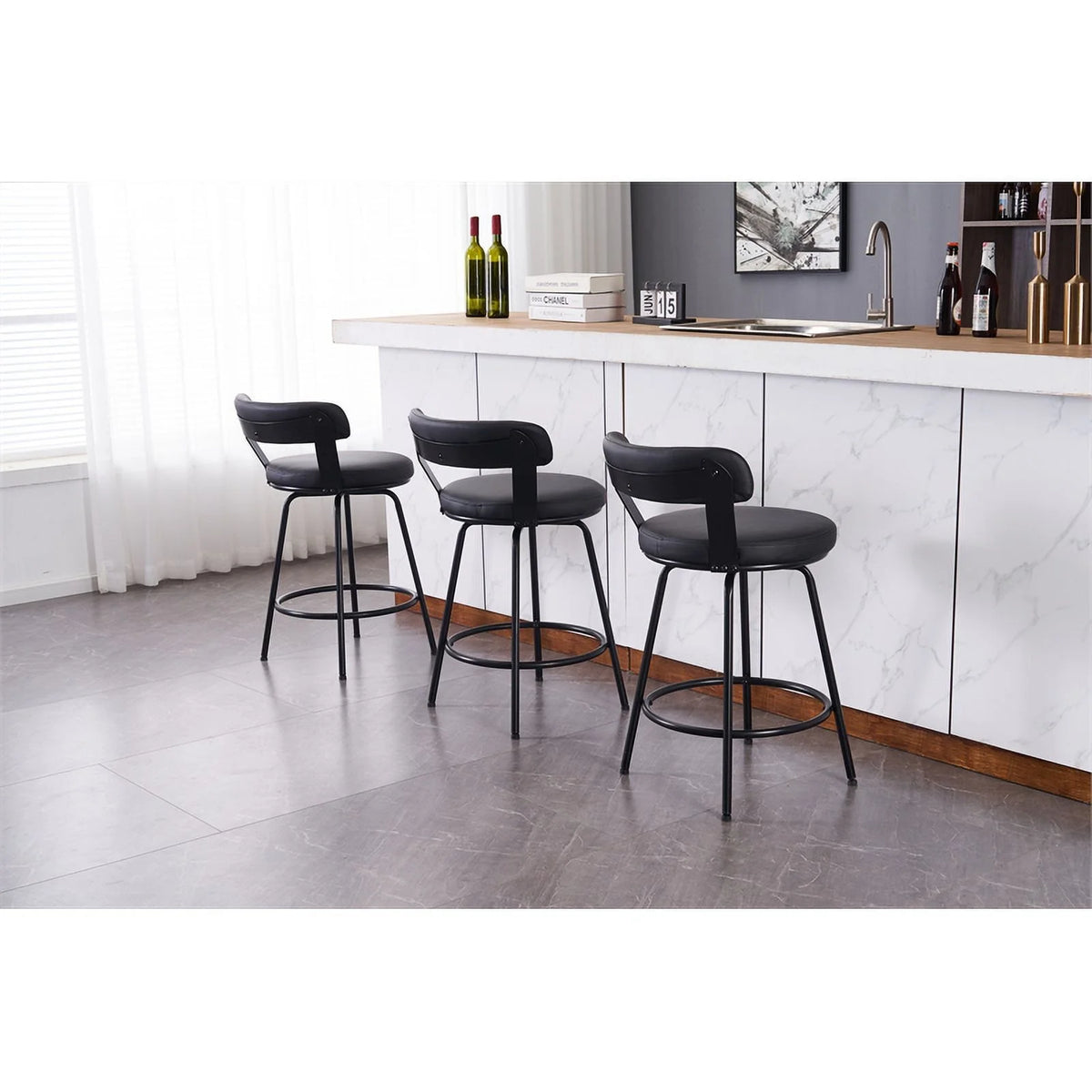 Black Faux Leather Swivel Counter Stool Set of 3 O651