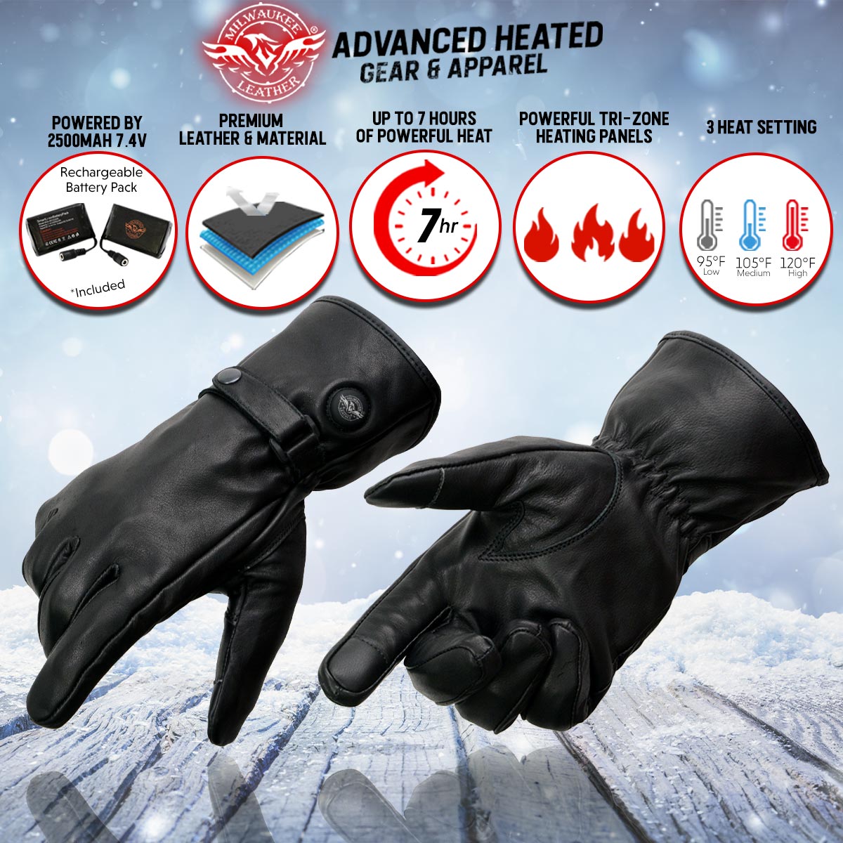 Black Leather Heated Winter Gloves with Battery X-Large E264484
