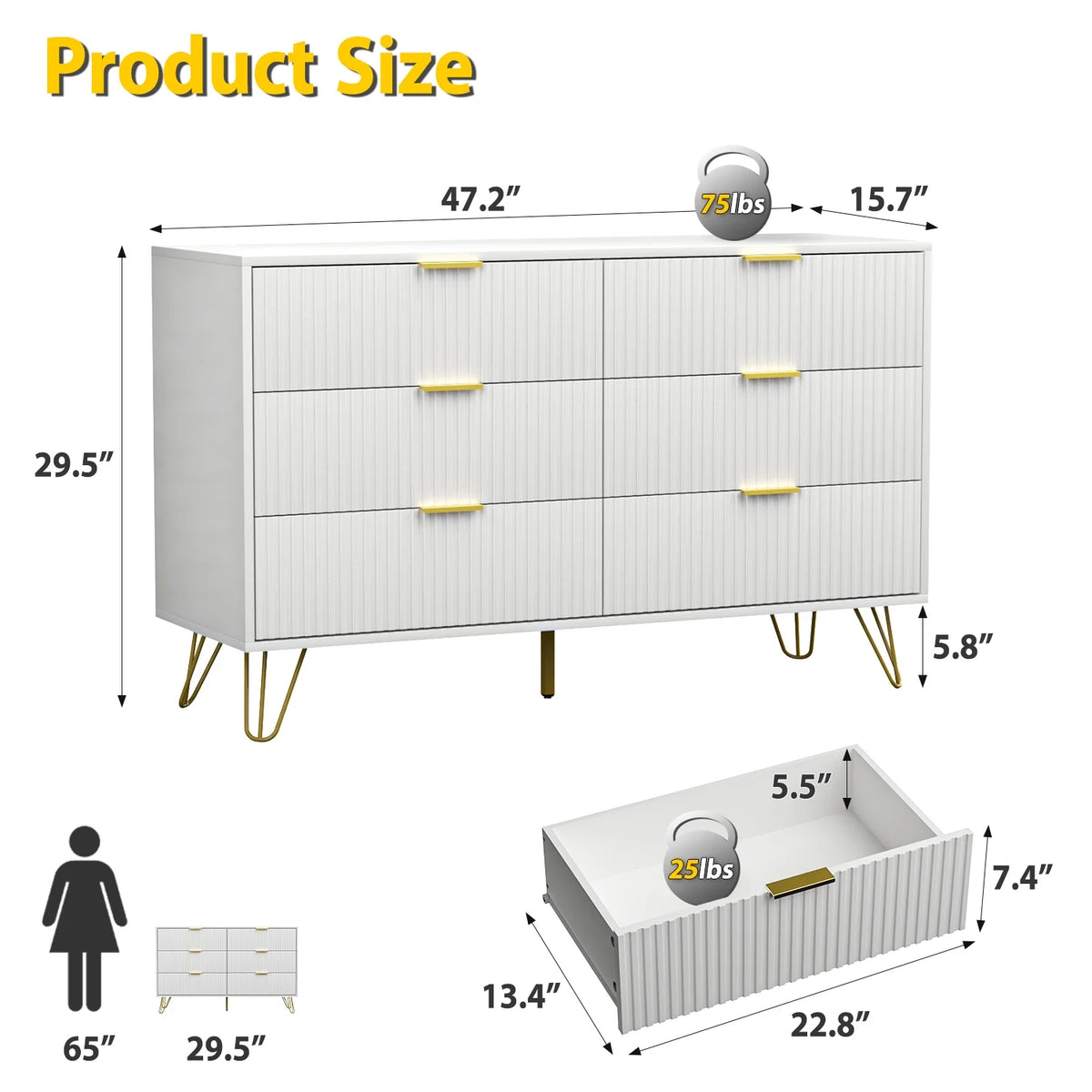 White 6 Drawer Dresser with Gold Handles A361