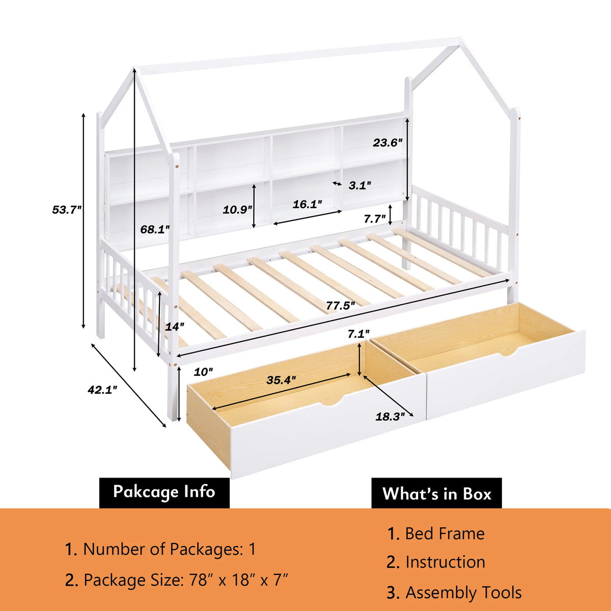 White Twin House Bed with Storage Drawers and Shelves U447