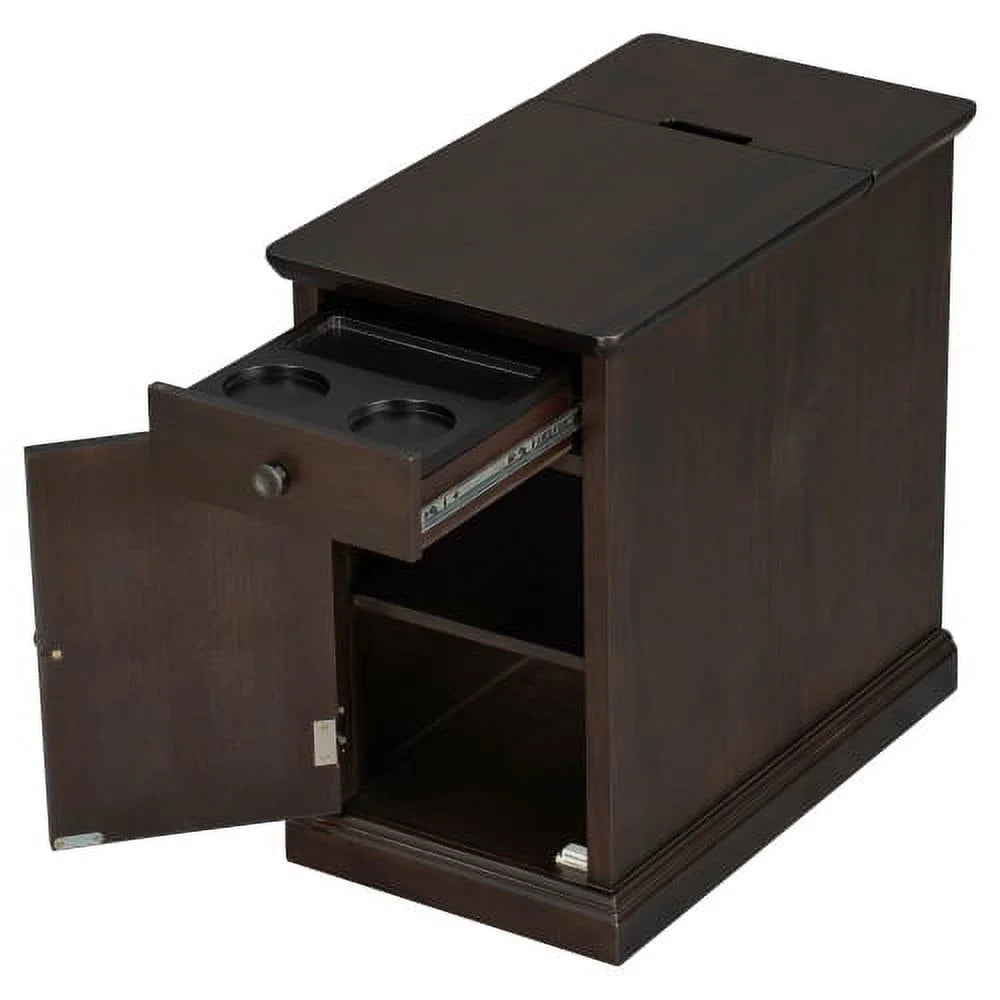 Vintage End Table with USB Ports Drawer and Cup Holders F288