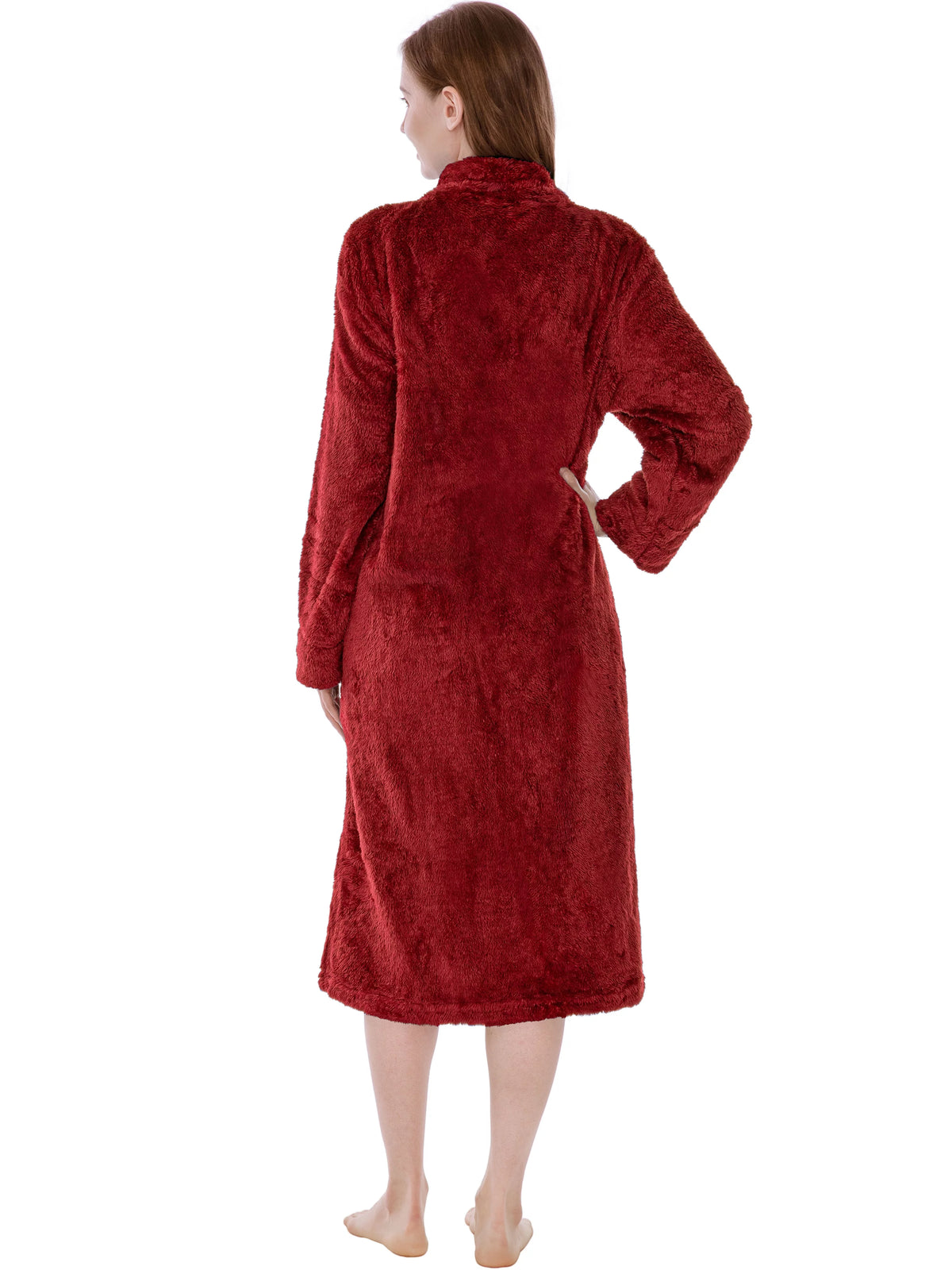 Wine Red Sherpa Fleece Zip Robe with Pockets K131432