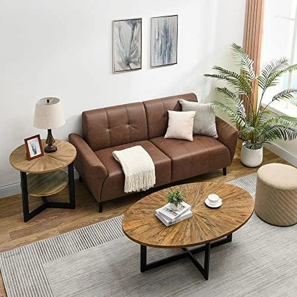 Round Solid Wood Coffee Table with Metal Legs T384