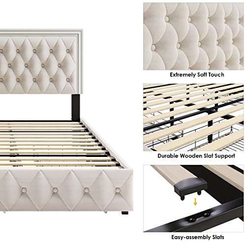 White Upholstered LED Bed Frame with 4 Drawers Z1328