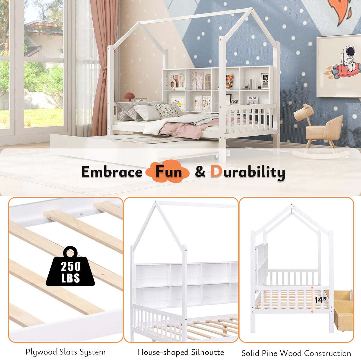 White Twin House Bed with Storage Drawers and Shelves U447