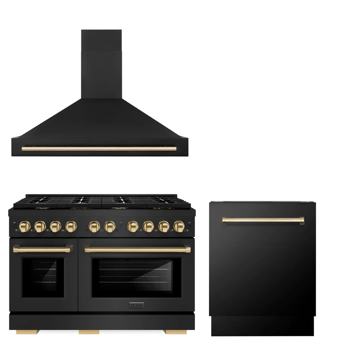 48 In. Gas Range, Range Hood and Dishwasher in Black Stainless Steel K284