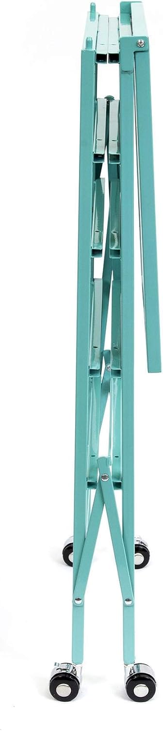 Turquoise Wheeled Folding Steel 5 Drawer Kitchen Cart Wood Top I93535