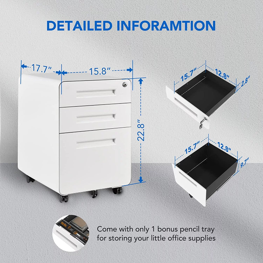 White 3 Drawer Metal File Cabinet with Lock E93463