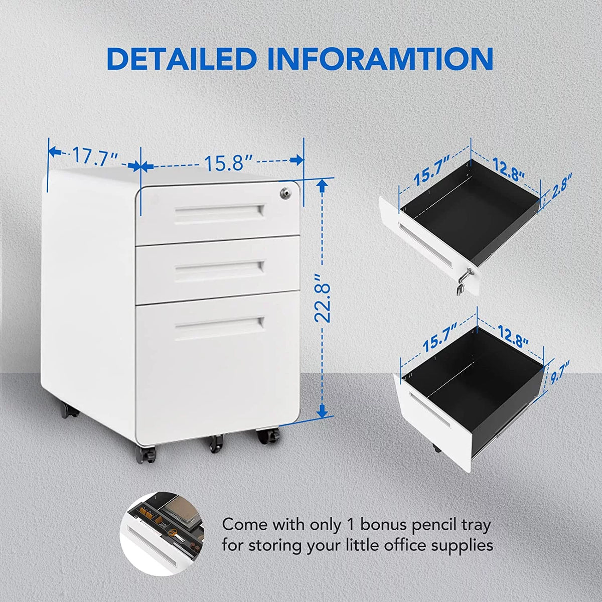 White 3 Drawer Metal File Cabinet with Lock E93463