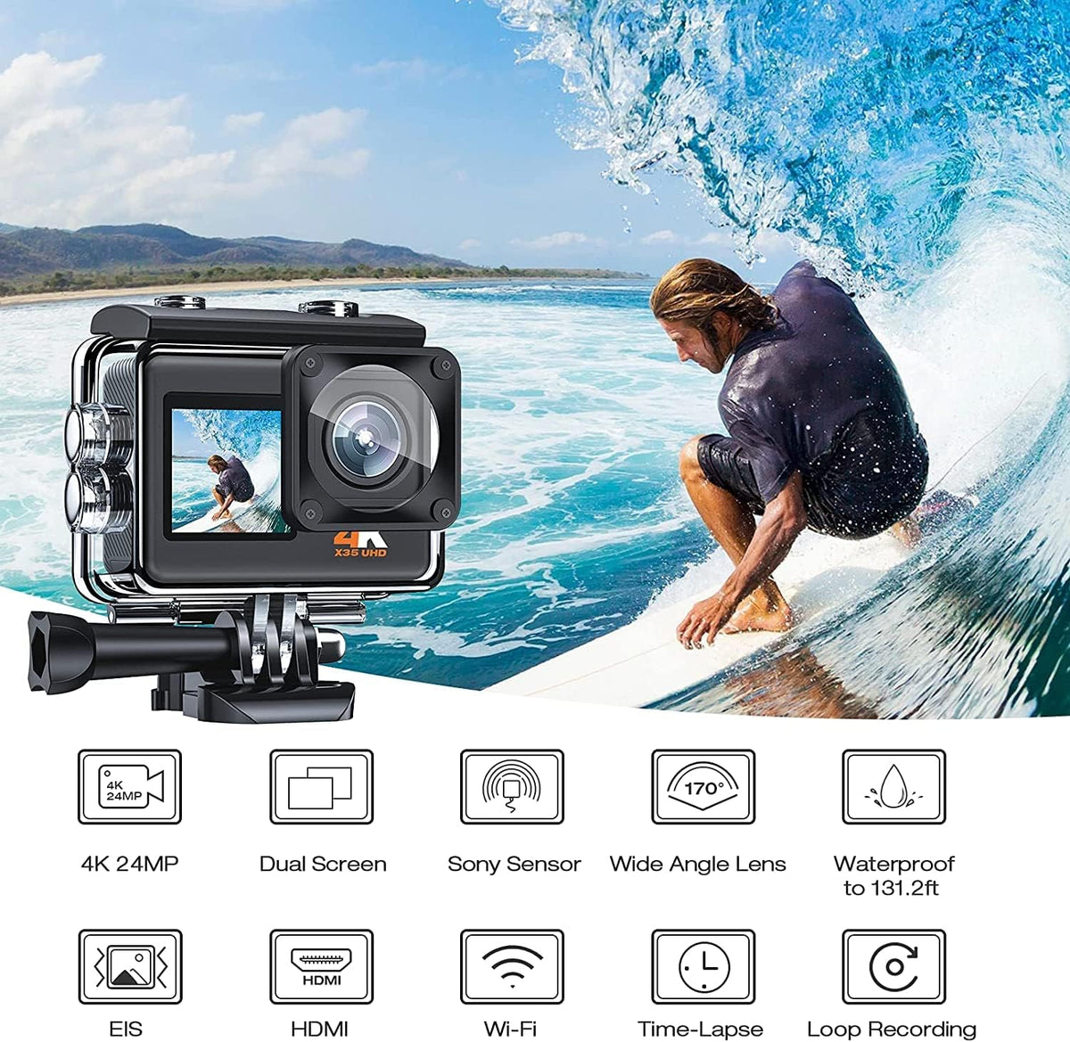 4K 20MP Waterproof Action Camera with Dual Screen and 2 Batteries J225860