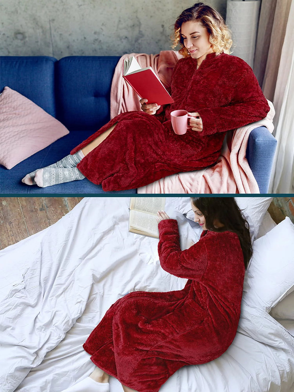 Wine Red Sherpa Fleece Zip Robe with Pockets K131432