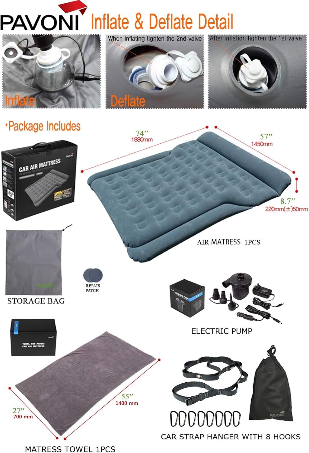 Car Inflatable Air Camping Mattress Pad with Electric Mattress Pump, Towel, Repair Patches & Storage Bag A390760