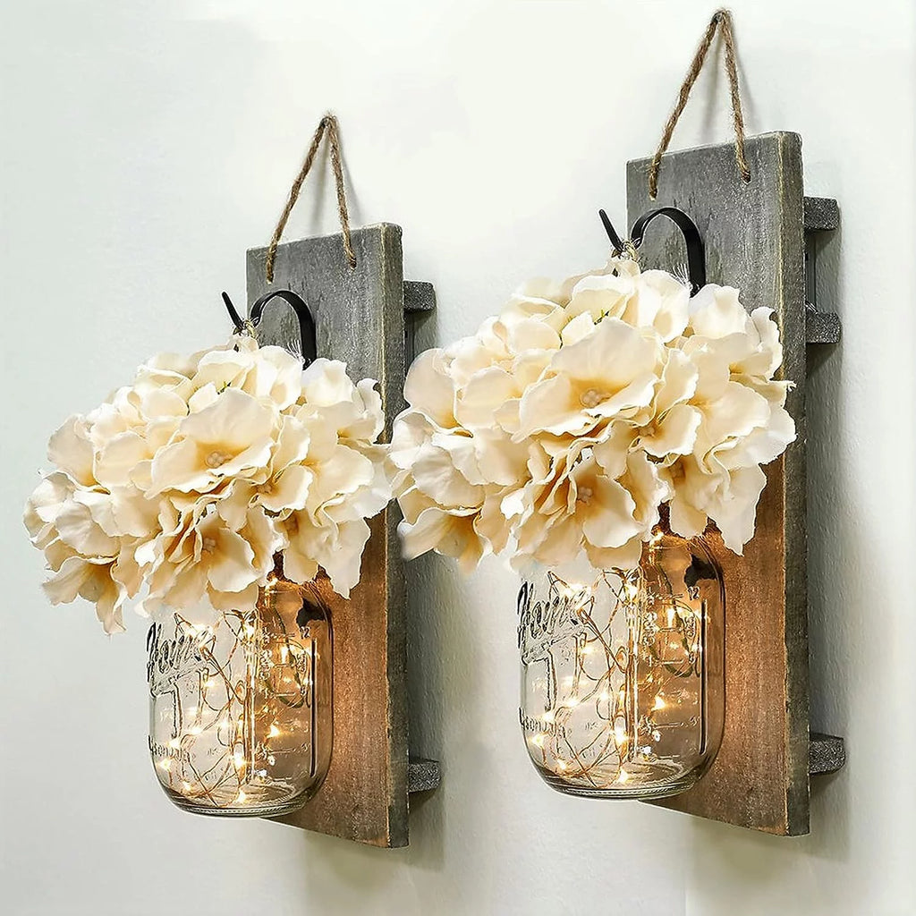 Set of 2 Grey Mason Jar Wall Sconces with Hooks A3217