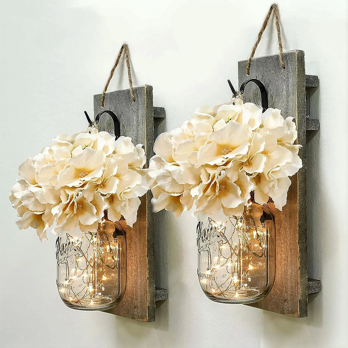 Set of 2 Grey Mason Jar Wall Sconces with Hooks A3217