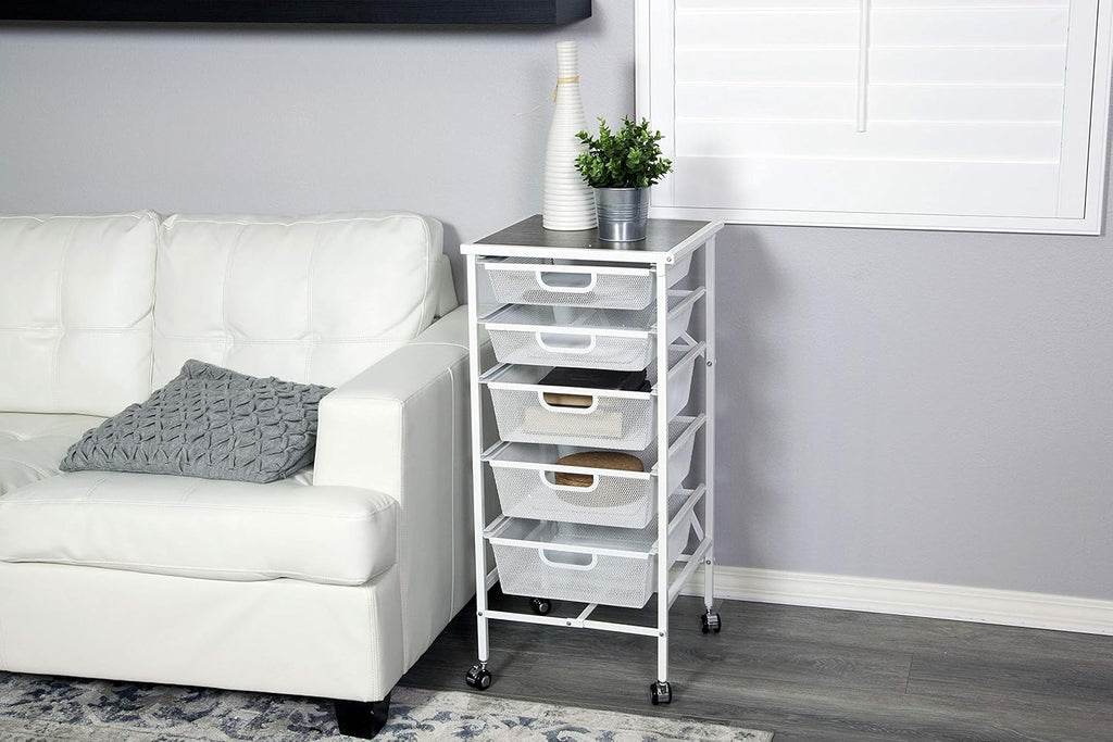 Turquoise Wheeled Folding Steel 5 Drawer Kitchen Cart Wood Top I93535