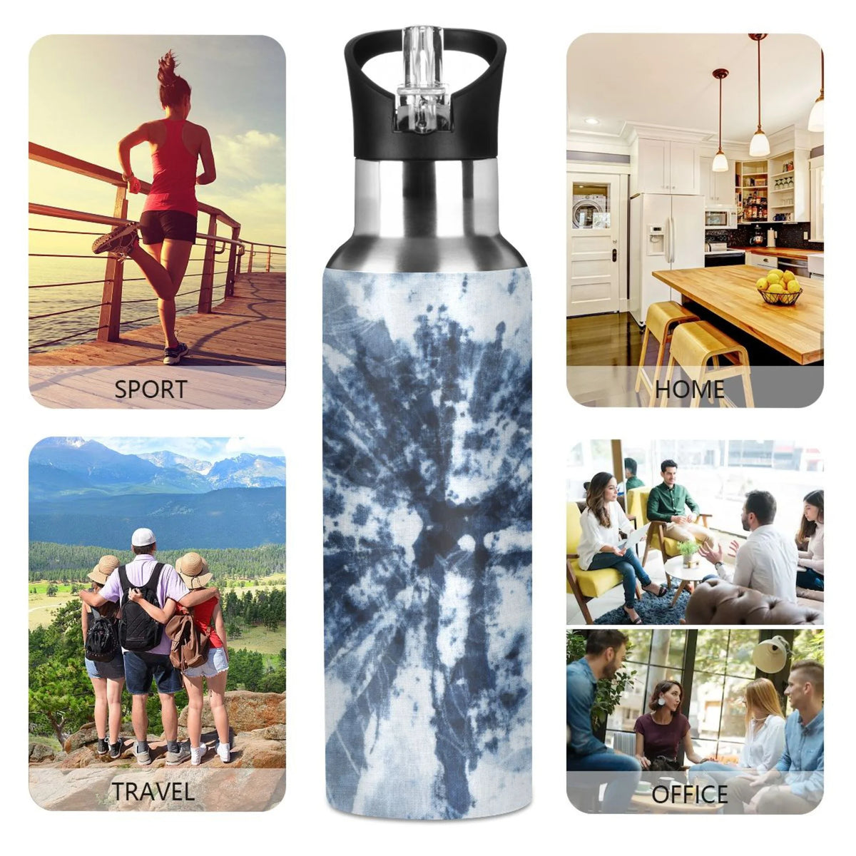 Tie-dye Blue Stainless Steel Insulated Water Bottle with Straw Lid Z895898