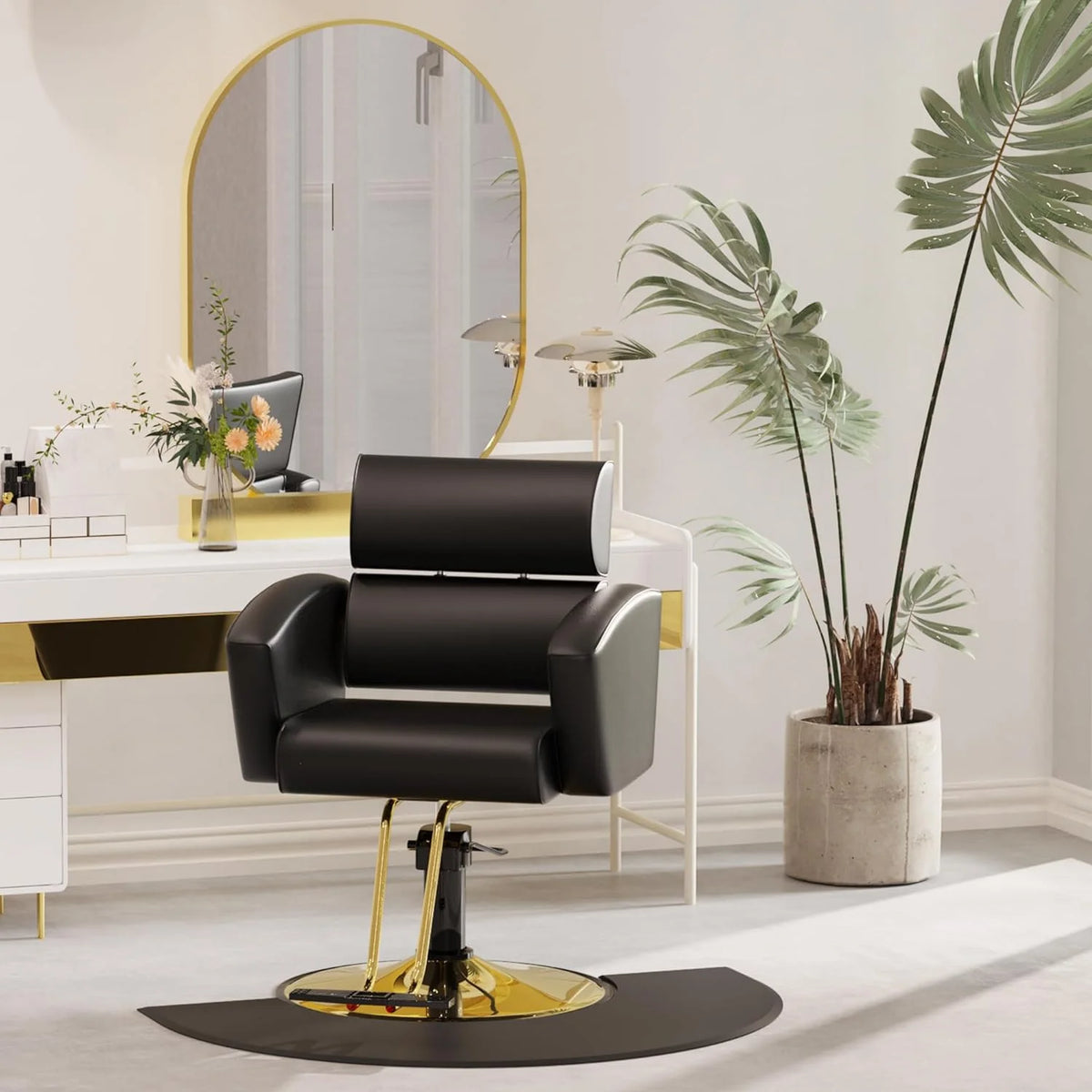 Gold Salon Chair with Black Leather Upholstery and Adjustable Height W6102