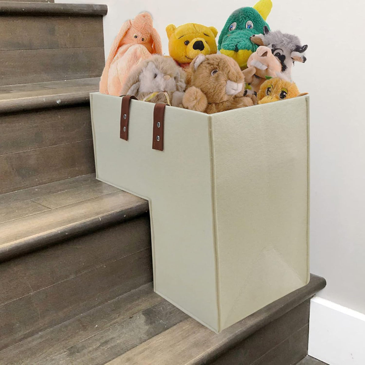 Stair Basket with Leather Handles, 4mm Felt Stair Step Storage Organizer J795