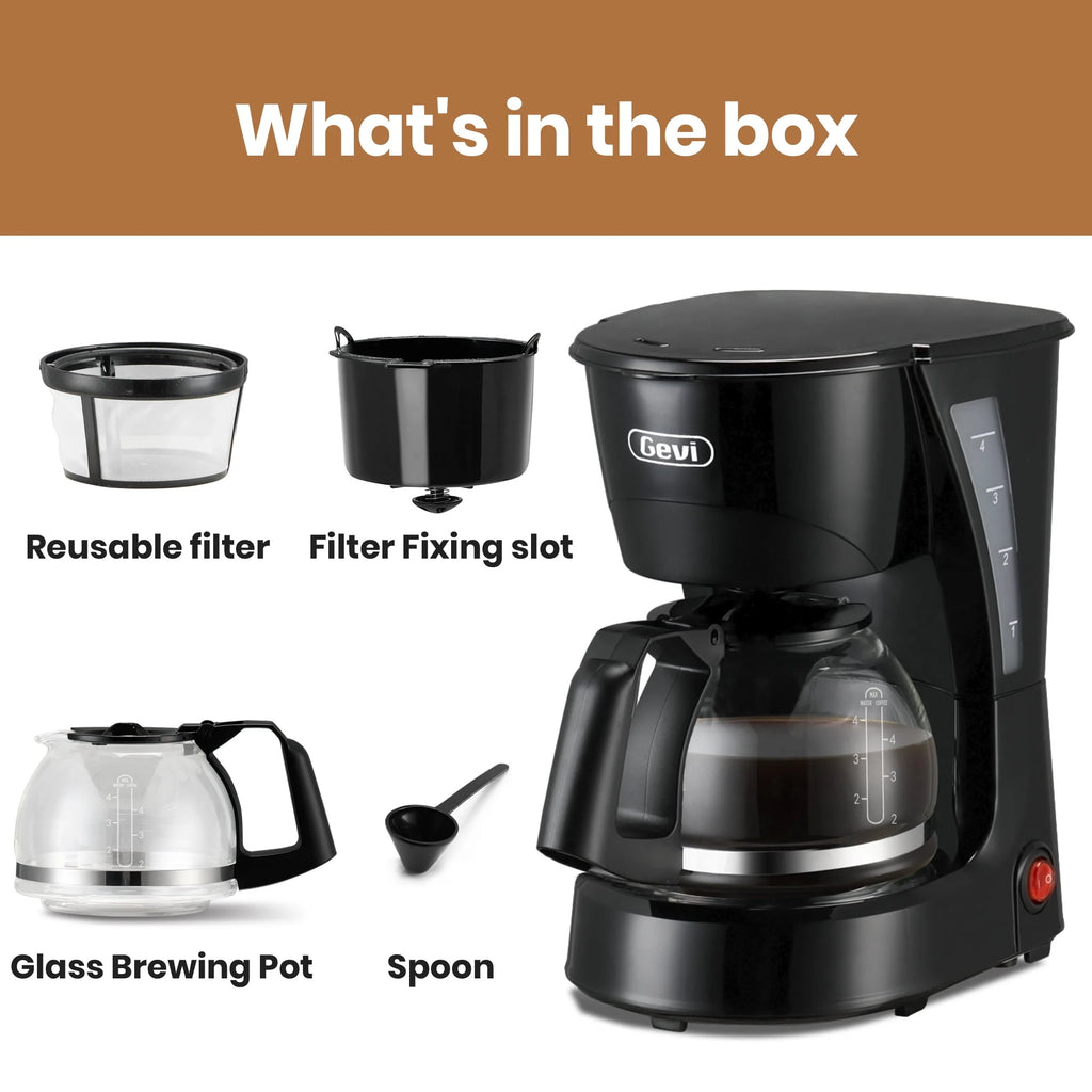 4 Cup Drip Coffee Maker with Reusable Filter, Black W44871