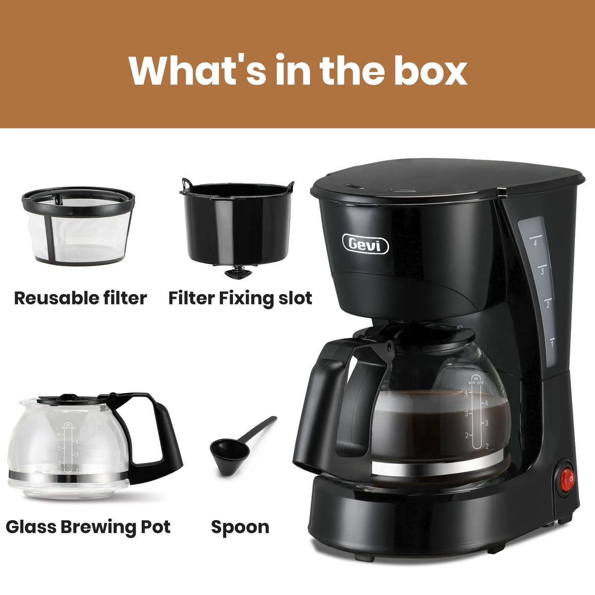 4 Cup Drip Coffee Maker with Reusable Filter, Black W44871