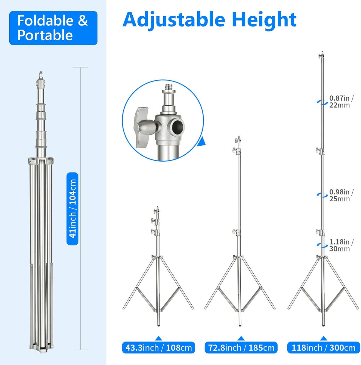 Stainless Steel Heavy Duty Light Stand 118"/300CM with Universal Adapter K725