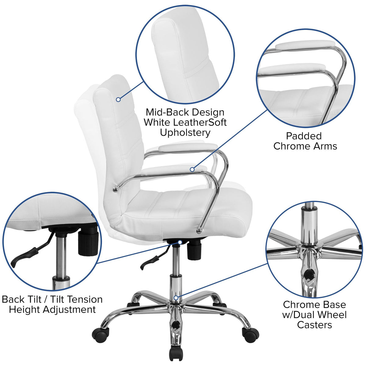 White and Silver Mid-Back Executive Swivel Office Chair O560738