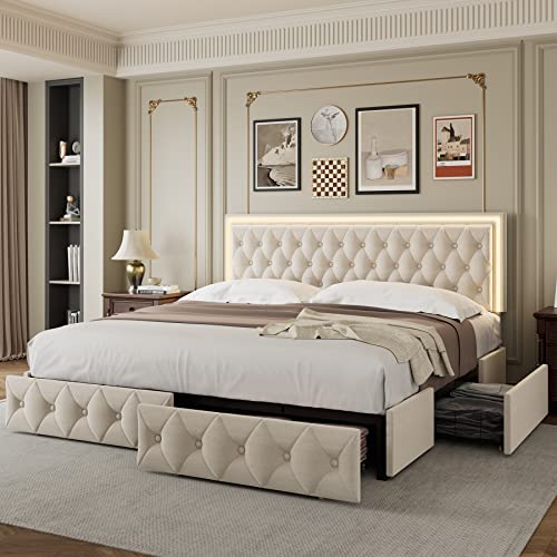 White Upholstered LED Bed Frame with 4 Drawers Z1328
