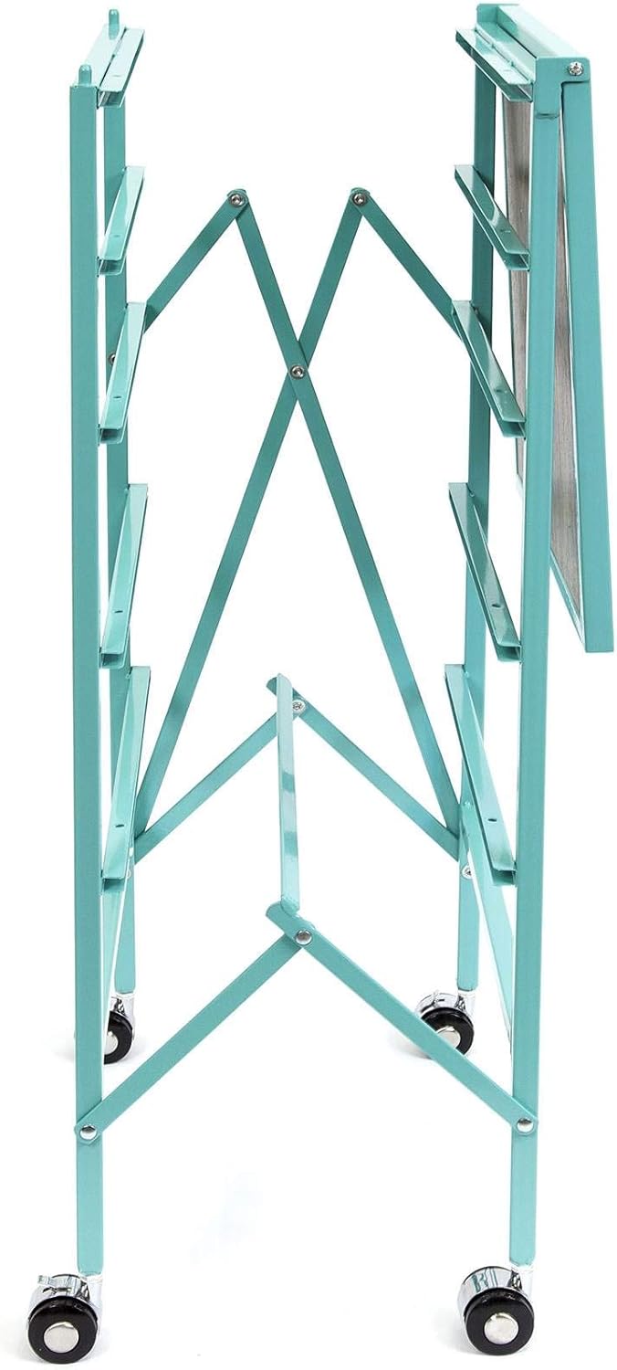 Turquoise Wheeled Folding Steel 5 Drawer Kitchen Cart Wood Top I93535