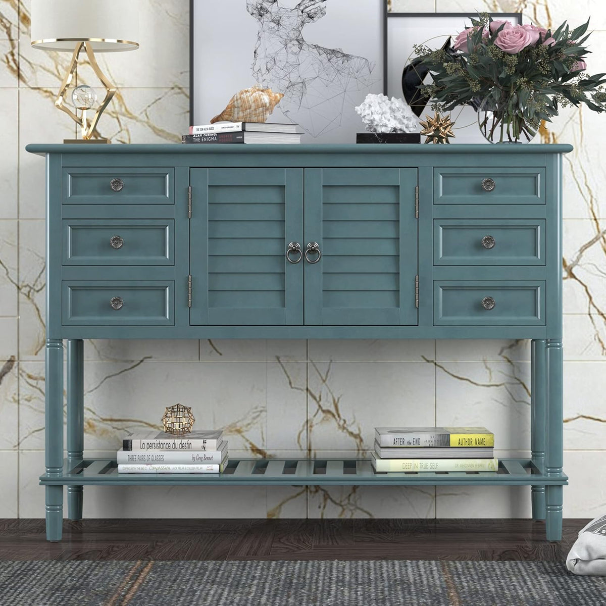 Light Green 6 Drawers Sideboard Cabinet with Bottom Shelf Q3650