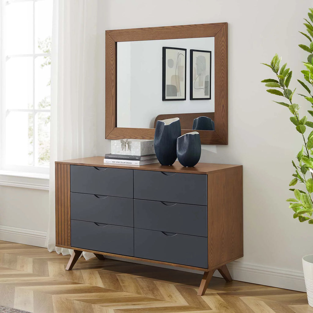 Walnut Wood Dresser Drawer Chest Mirror Set Y9901