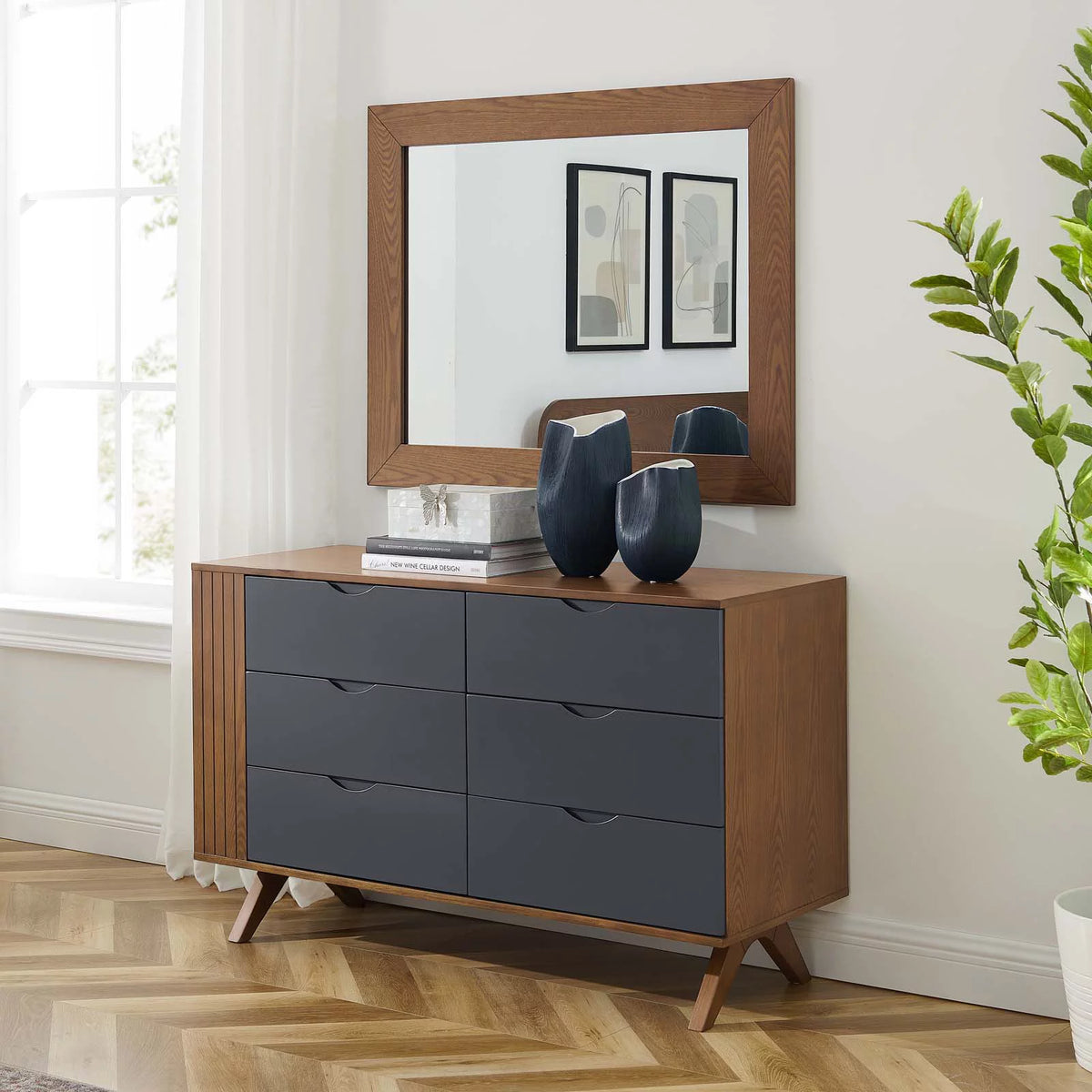 Walnut Wood Dresser Drawer Chest Mirror Set Y9901